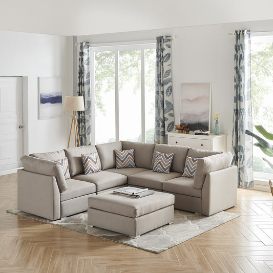 Beige Fabric Reversible Sectional Sofa Set with Ottoman and Accent Pillows