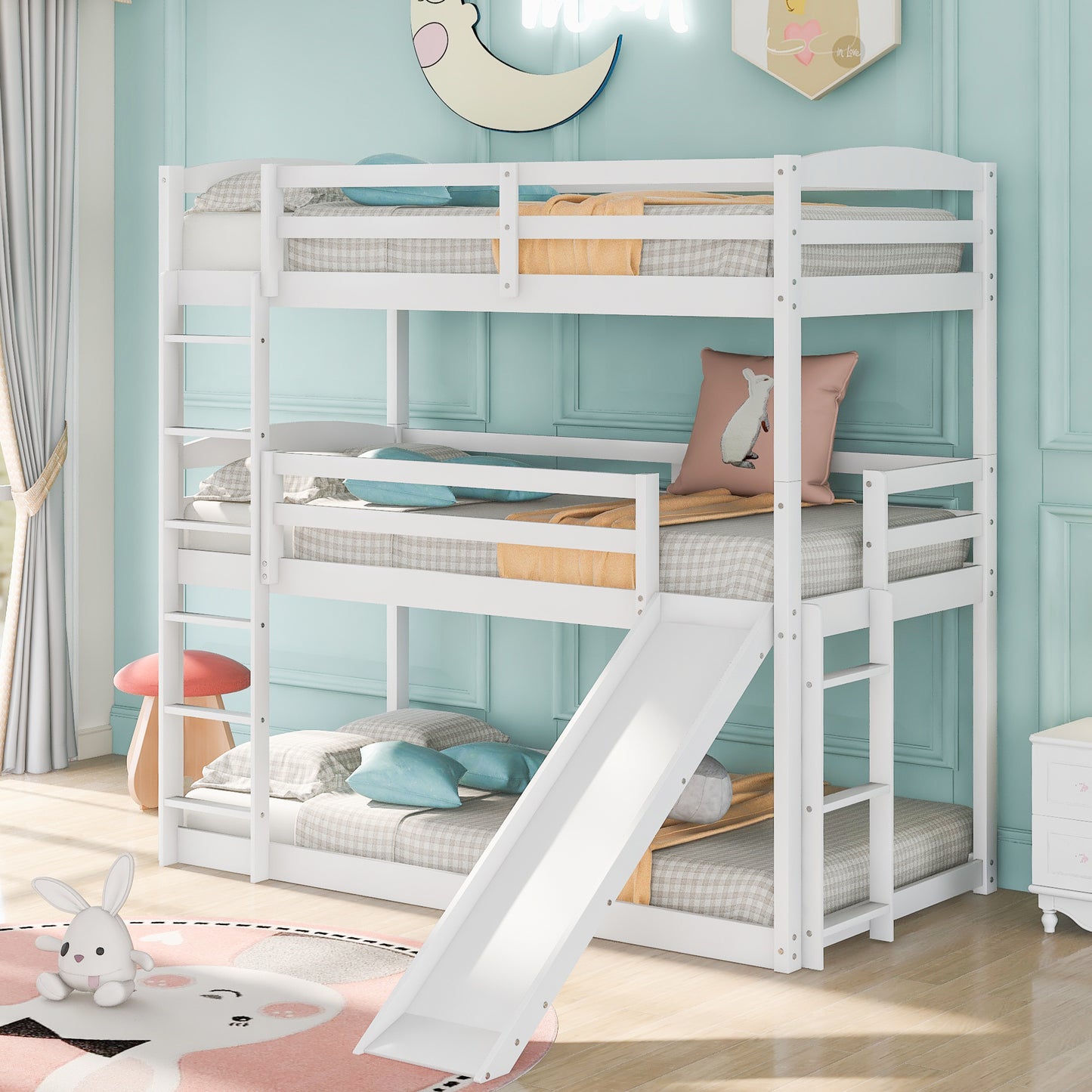 Triple Bunk Bed with Ladder, Slide, and Twin-Twin-Twin Design for White Bedroom Fun