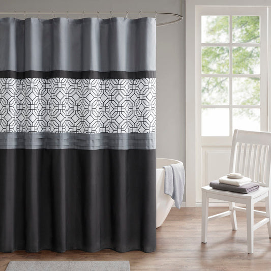 Embroidered Geometric Shower Curtain with Pintuck Design