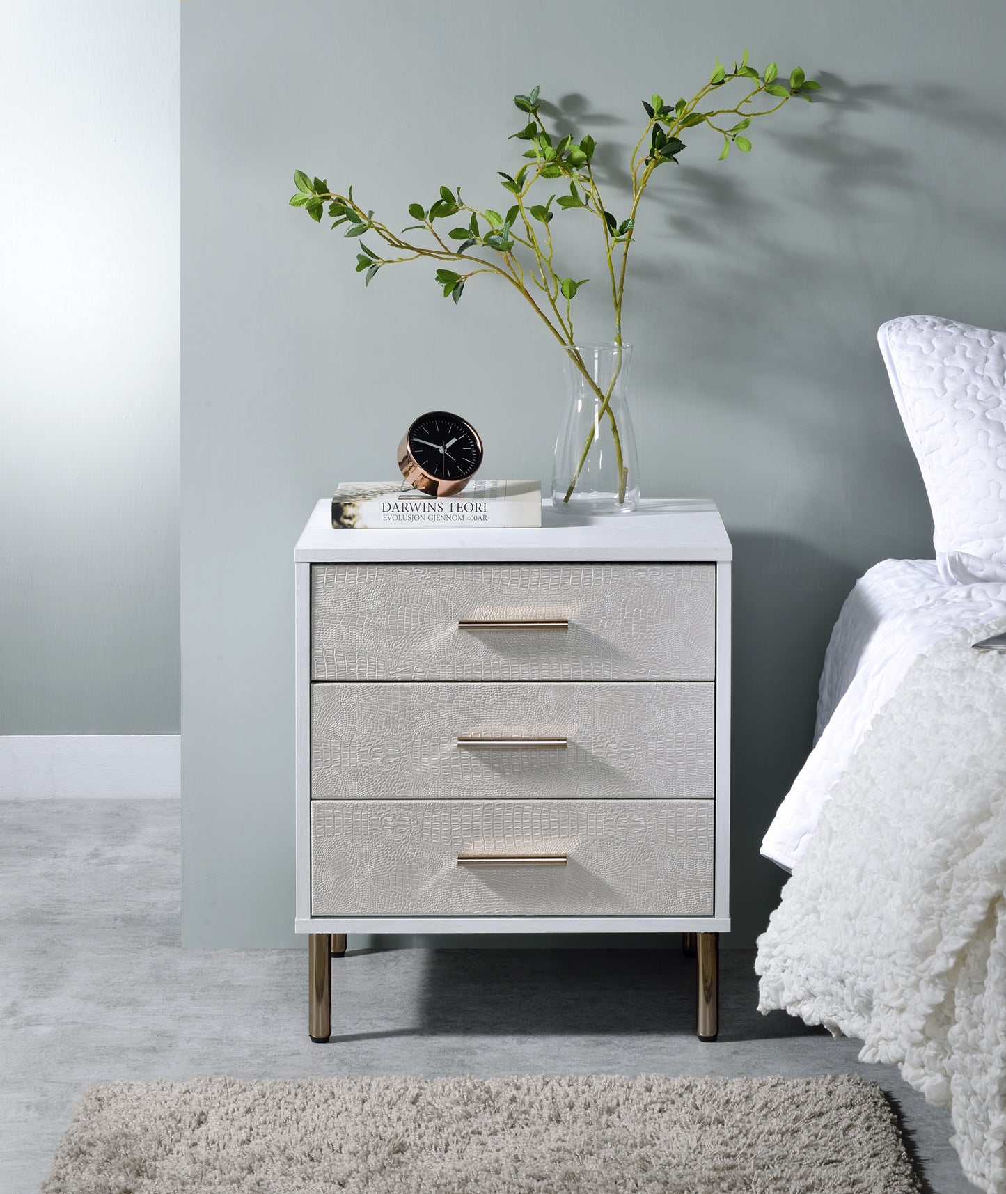 Myles Nightstand, White, Champagne & Gold Finish AC00843