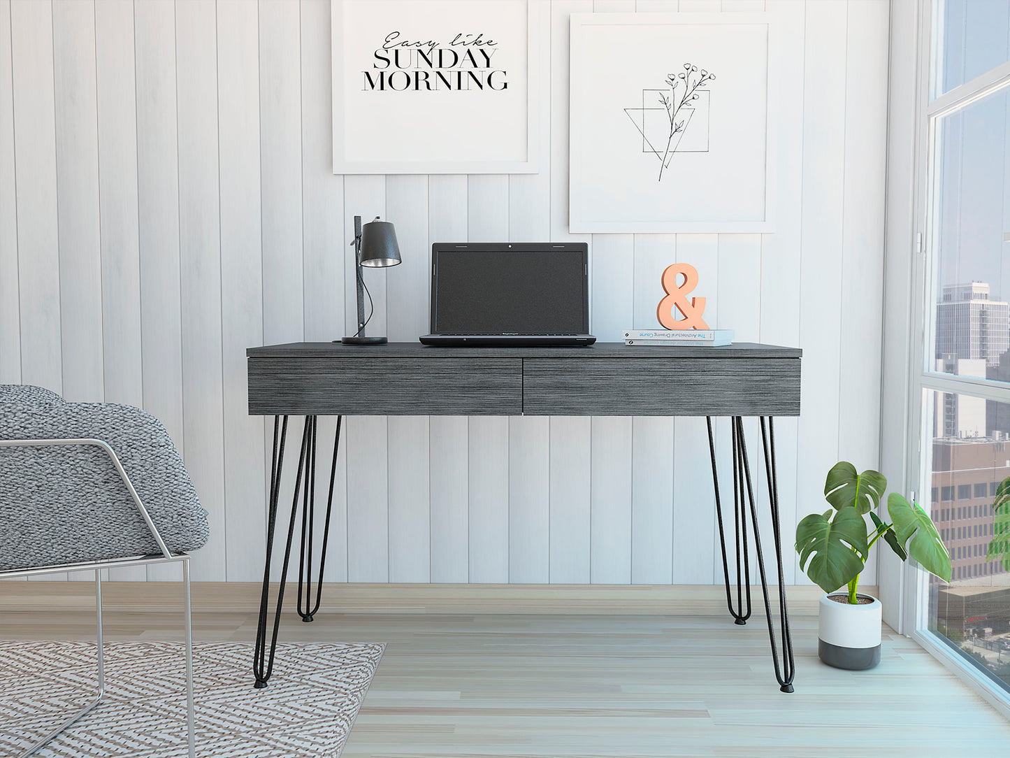 Sleek Smokey Oak Writing Desk with Hairpin Legs and 2 Drawer Storage