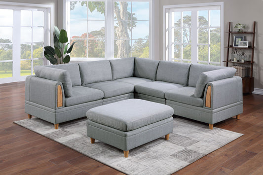 Light Grey Dorris Fabric 6-Piece Modular Sofa Set with Ottoman