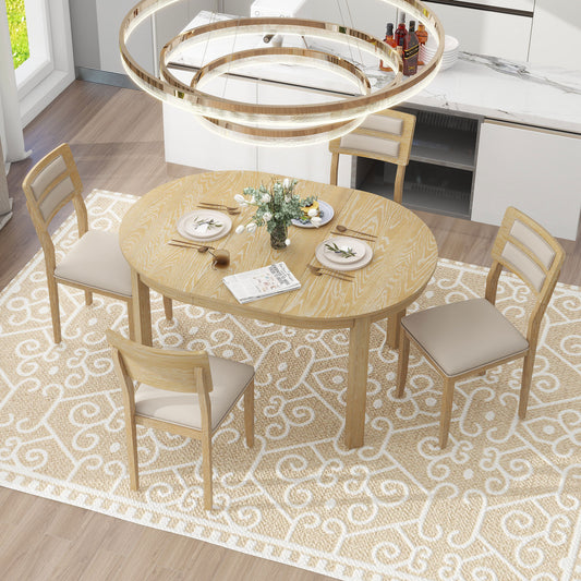 TREXM 5-Piece Multifunctional Dining Table Set, Farmhouse Dining Set with Extendable  Round Table ,Two Small Drawers and 4 Upholstered Dining Chairs for Kitchen and Dining Room (Natural Wood Wash)