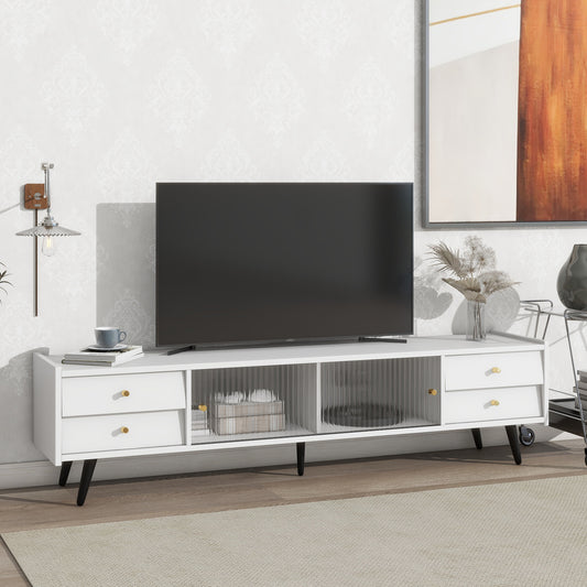 Elegant White TV Stand with Glass Doors and Slanted Drawers, Modern Media Console for 70 TVs