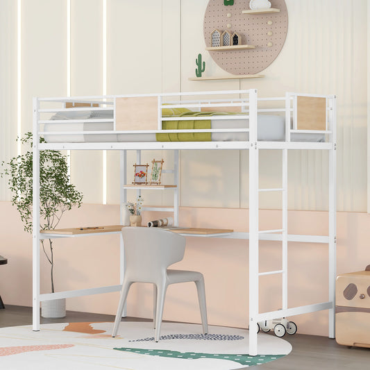 Twin Metal Loft Bed with Desk and Shelve,White