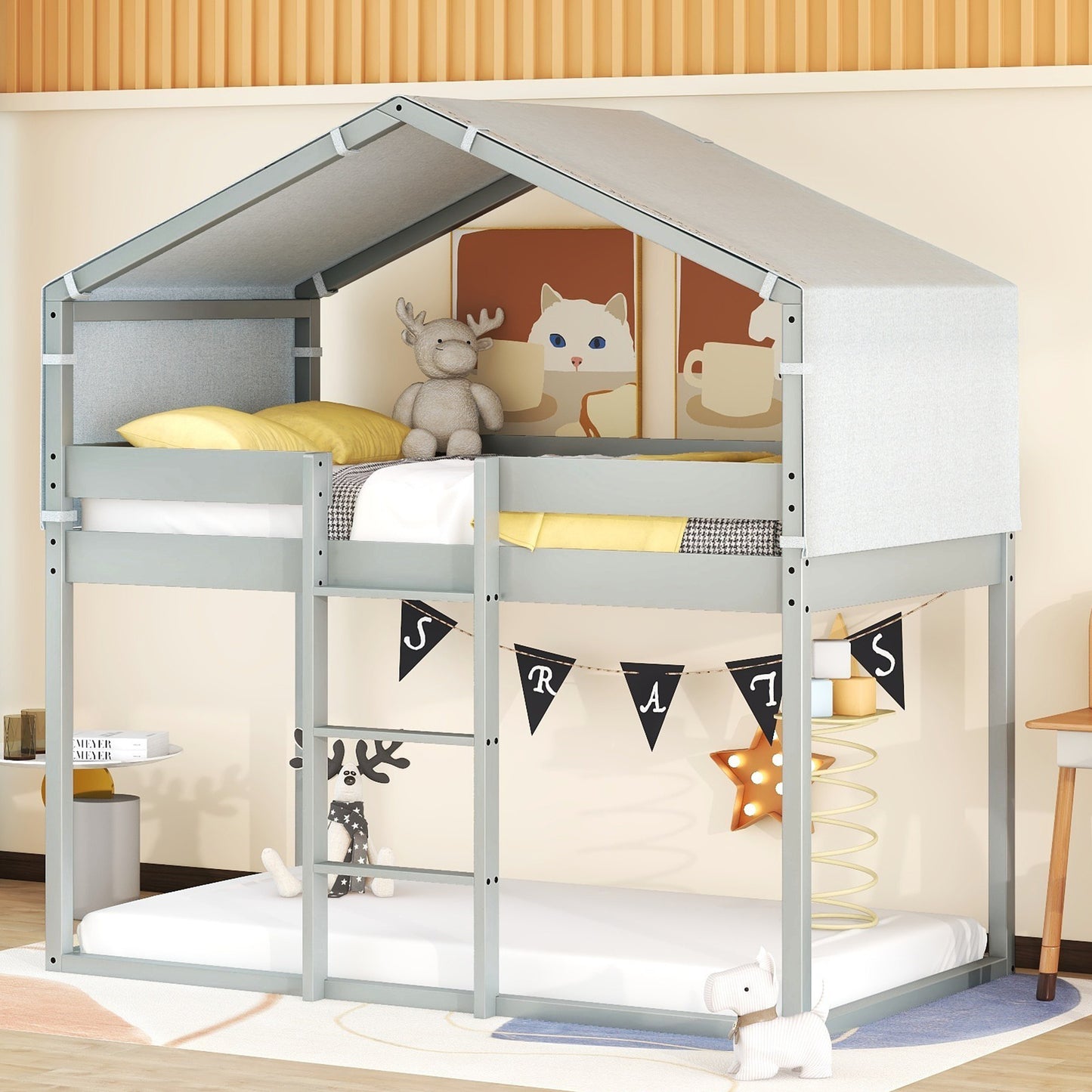 House-Shaped Twin Over Twin Bunk Bed with Tent in Gray Wood