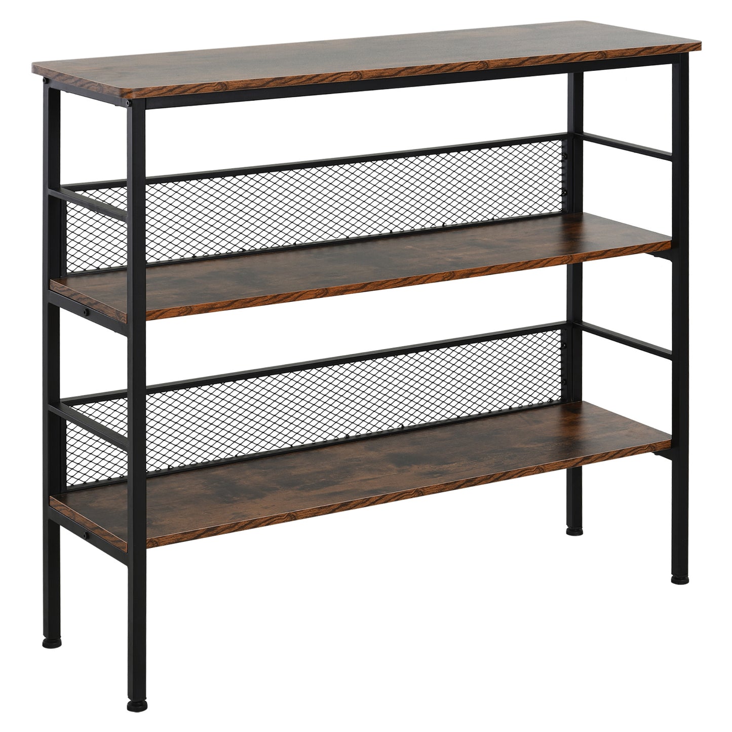 3-Tier Console Table Industrial Style Storage Metal Wooden Shelf with a Robust Multi-Functional Design & Adjustable Feet, Black