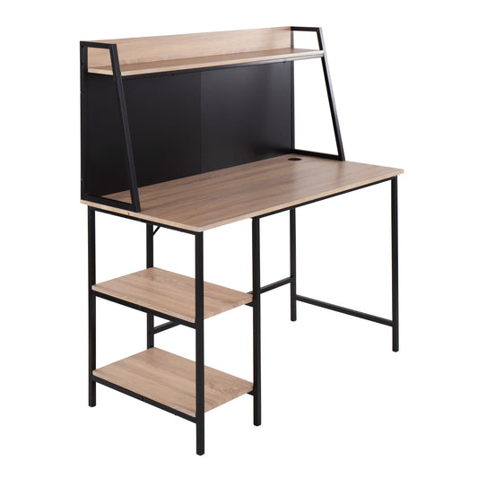 Elegant Black Steel and Wood Desk with Shelves for a Chic Workspace