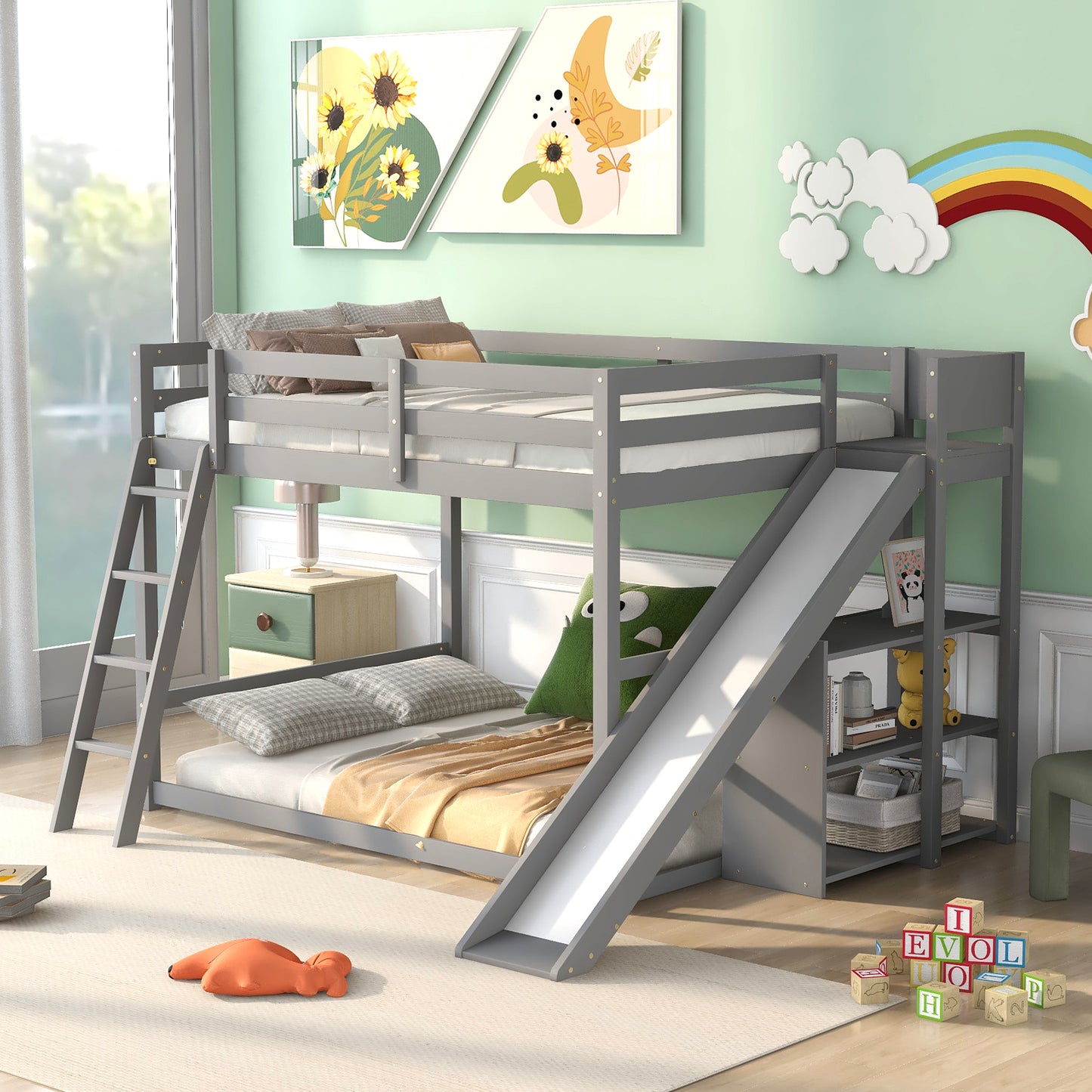 Versatile Gray Full over Full Bunk Bed with Slide, Storage, and Sturdy Design