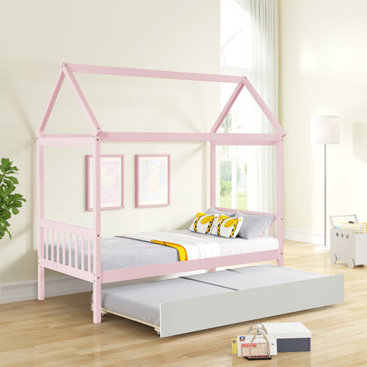 Solid Wood Twin House Bed Frame with Twin Size Trundle For Warm Pink Color, No Box Spring Needed