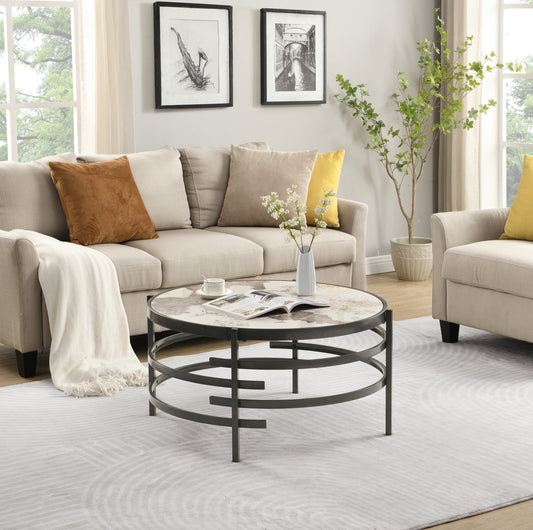 Modern Round Coffee Table with Sintered Stone Top and Robust Metal Frame, Stylish Living Room Centerpiece in Dark Gray
