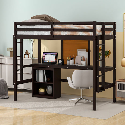 Twin size Loft Bed with Desk and Writing Board, Wooden Loft Bed with Desk & 2 Drawers Cabinet- Espresso