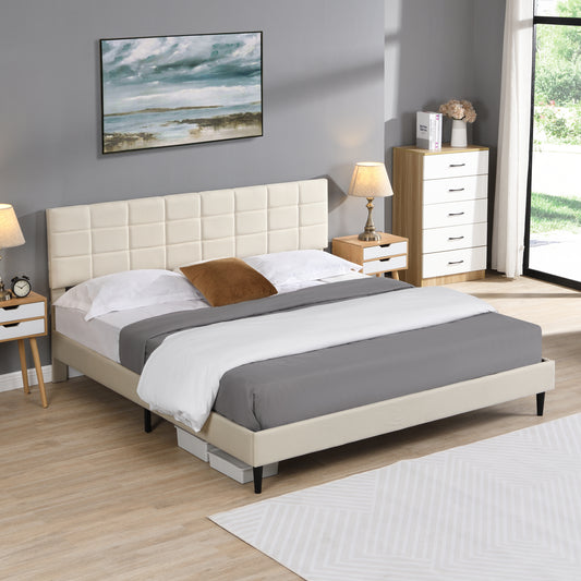 King Size Platform Bed Frame with Fabric Upholstered Headboard and Wooden Slats, No Box Spring Needed/Easy Assembly, Dark Beige