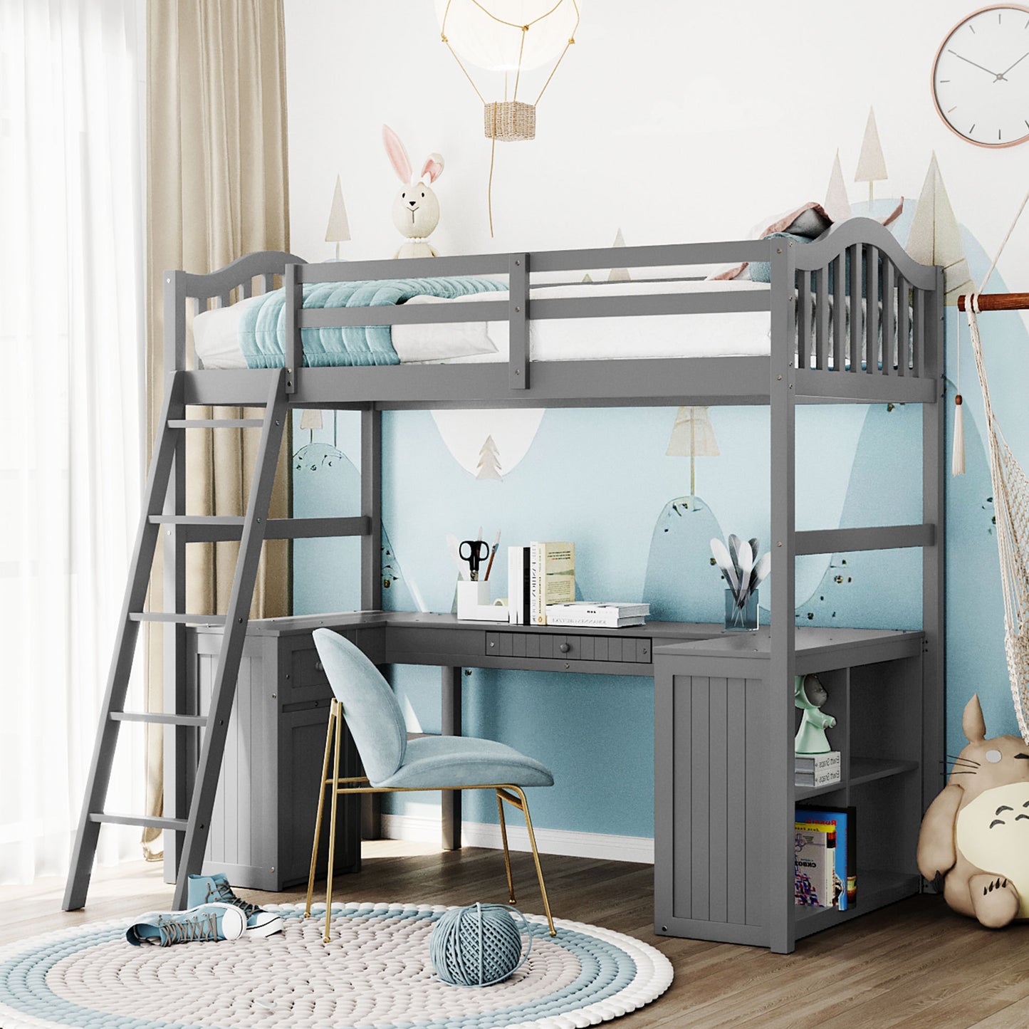 Twin size Loft Bed with Drawers, Cabinet, Shelves and Desk, Wooden Loft Bed with Desk - Gray( :LT000505AAE)