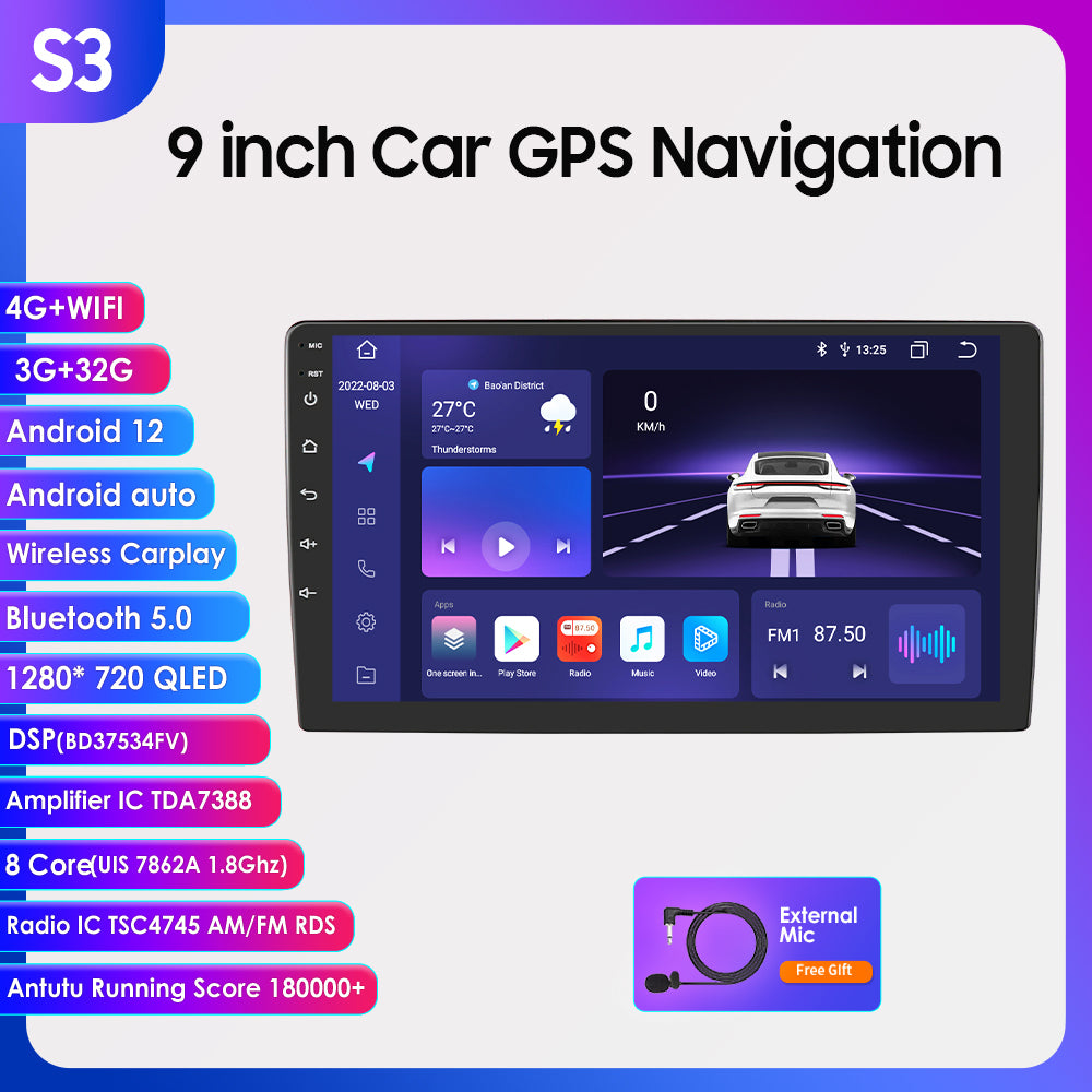 9 Touchscreen Android 12 Octa Core QLED Car GPS Navigation Stereo with Carplay 4G LTE - 3+32GB