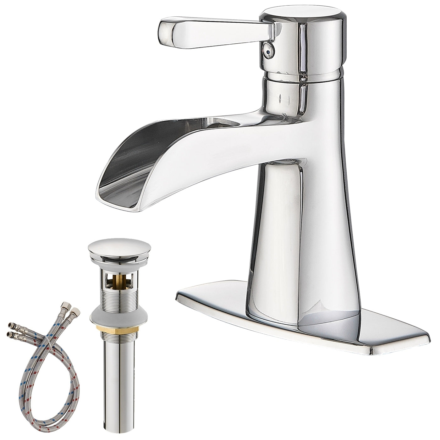 Chrome Waterfall Bathroom Sink Faucet with Single-Handle Low-Arc Design and Pop-up Drain