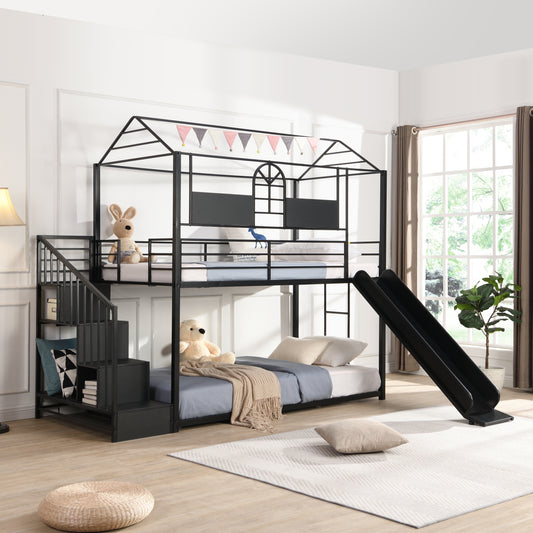 Metal Loft Bed with Playhouse Design and Slide