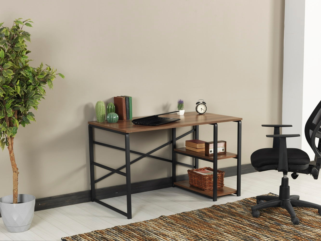 Sleek Walnut Writing Desk with Black Metal Frame and 2 Shelves