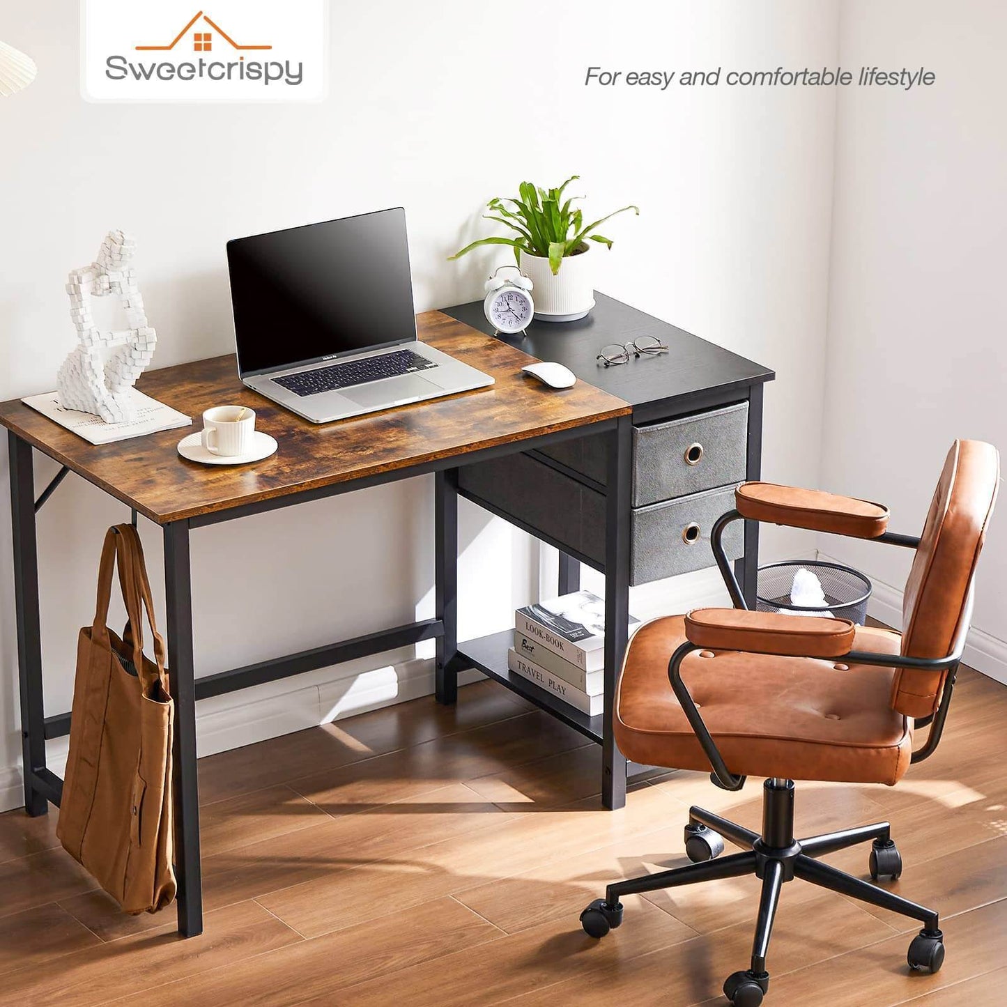 55-Inch Stylish Brown Office Desk with Ample Storage and Iron Hook