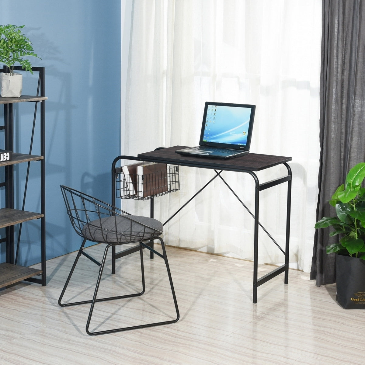 Compact Modern 31.5 Computer Desk with Wire Storage Basket - Walnut & Black