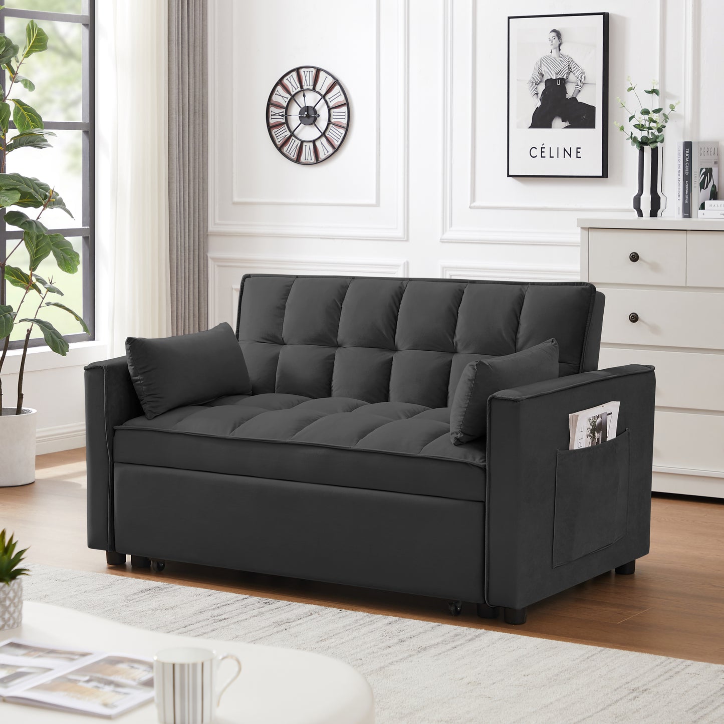 Modern Velvet Loveseat Futon Sofa Couch w/Pullout Bed, Small Love Seat Lounge Sofa w/Reclining Backrest, Toss Pillows, Pockets, Furniture for Living Room,3 in 1 Convertible Sleeper Sofa Bed,  Black