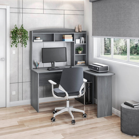 Modern Grey L-Shaped Desk with Hutch for Stylish Home Offices