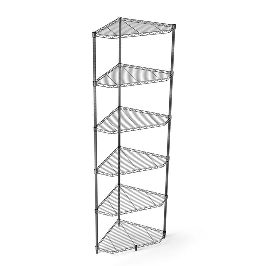 6 Tier Shelf Corner Wire Shelf Rack Pentagonal Shelves Adjustable Metal Heavy Duty Free Standing Corner Storage Display Chrome Rack for Bathroom, Living Room, Kitchen - Black