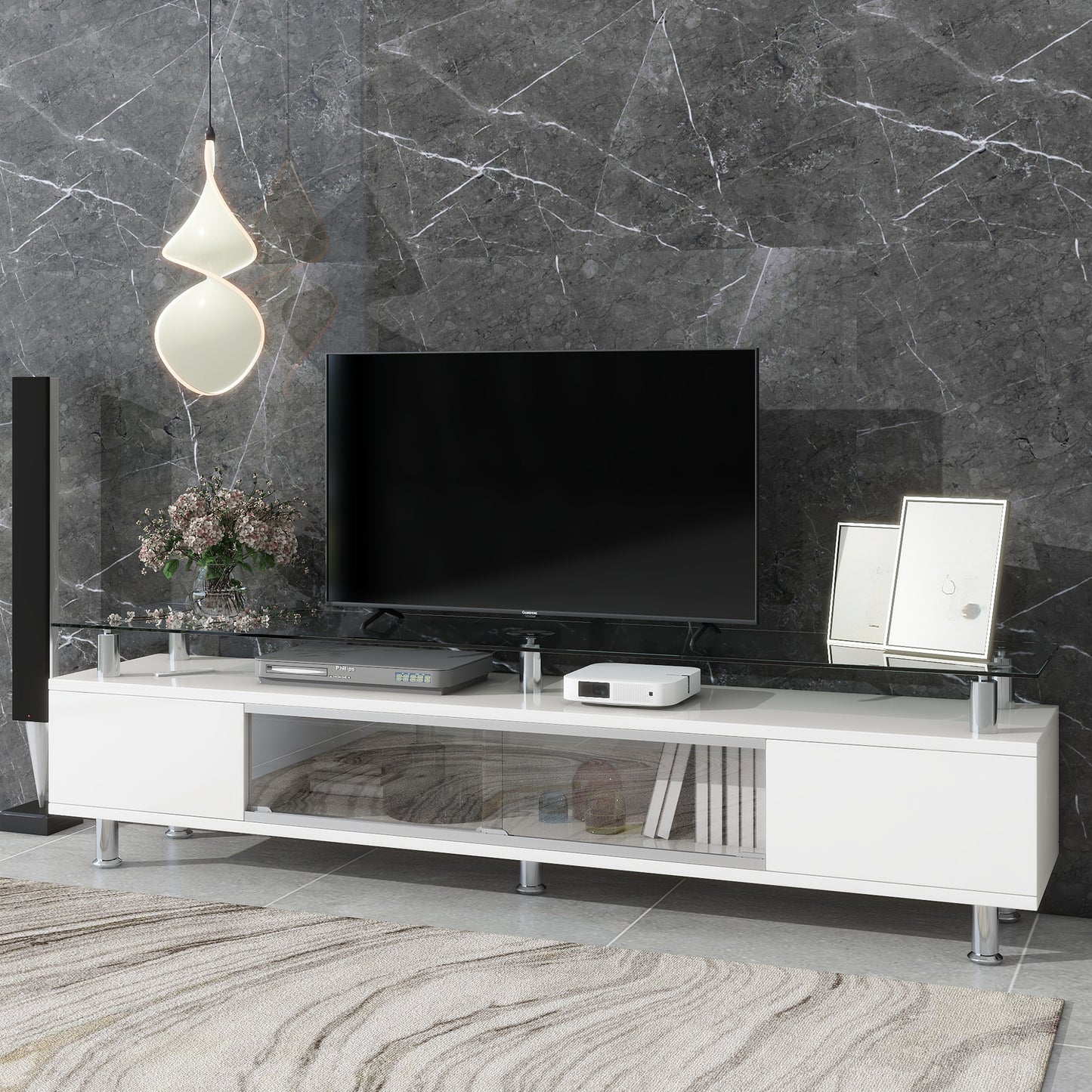 Contemporary White Media Console with Sleek Glass Design and Spacious Storage