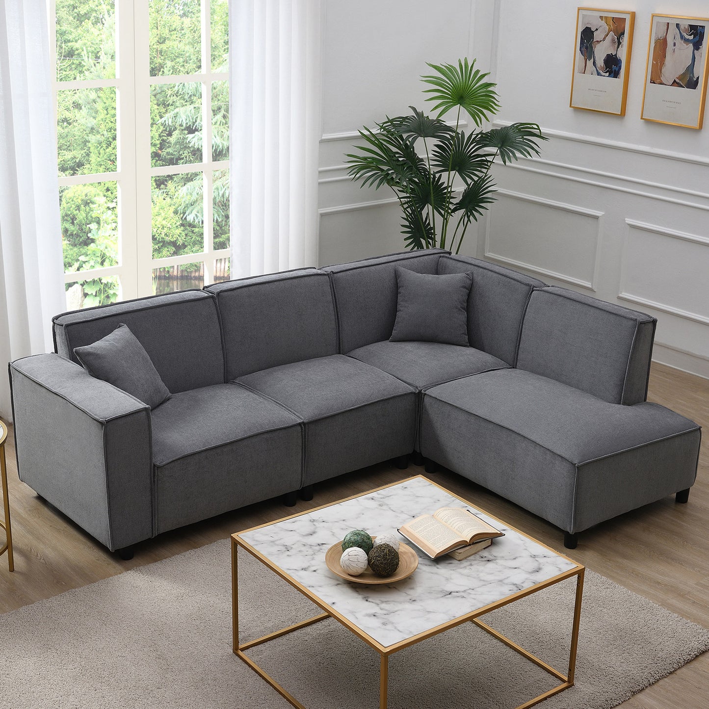 97*74" Modern Minimalist Style Sectional Sofa,L-shaped Couch Set with 2 Free pillows,5-seat Chenille Fabric Couch with Chaise Lounge for Living Room, Apartment, Office,2 Colors