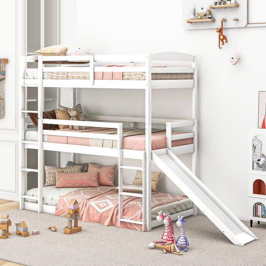 Innovative White Triple Bunk Bed with Slide, Ladder, and Vertical Space Optimization