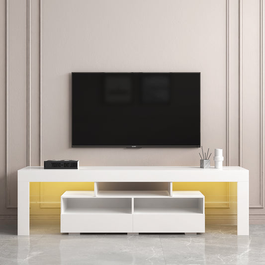 White TV Stand Cabinet with RGB LED Lights, 2 Drawers & 2 Open Shelves