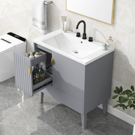 30" Bathroom Vanity with Sink Combo, Bathroom Cabinet with Door and Drawers, Solid Frame and MDF Board, Grey