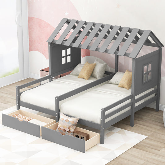 Twin Size House Platform Beds with Two Drawers for Boy and Girl Shared Beds, Combination of 2 Side by Side Twin Size Beds, Gray(: GX000927AAE)(Expected Arrival Time: 1.17)