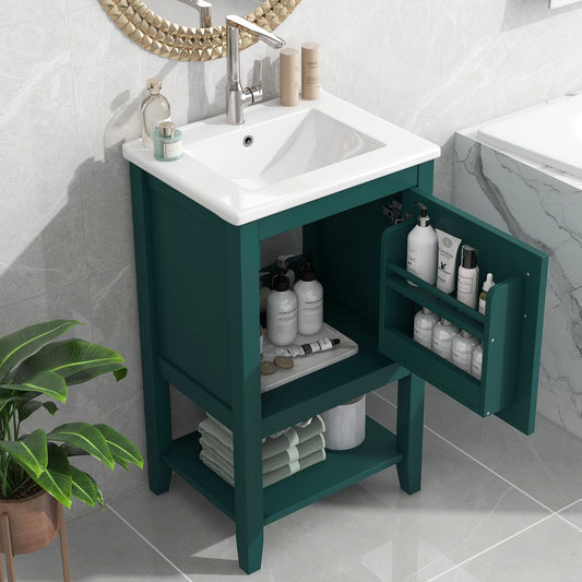 20" Bathroom Vanity with Sink, Bathroom Cabinet with Soft Closing Door, Storage Rack and Open Shelf, Green