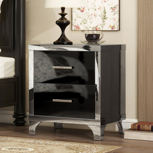 Elegant High Gloss Nightstand with Metal Handle,Mirrored Bedside Table with 2 Drawers for Bedroom,Living Room,Black