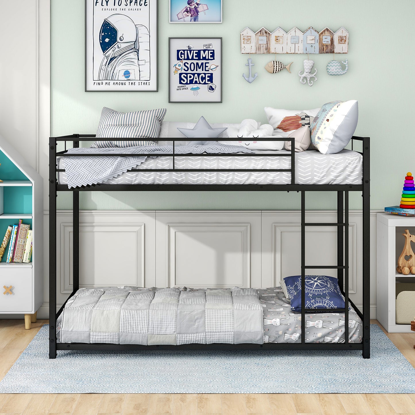 Black Finish Metal Twin Over Twin Bunk Bed with Safety Guard Rails