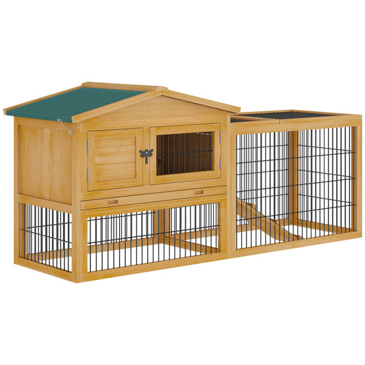 PawHut 2 Levels Outdoor Rabbit Hutch with Openable Top, 59" Wooden Large Rabbit Cage with Run Weatherproof Roof, Removable Tray, Ramp, Yellow