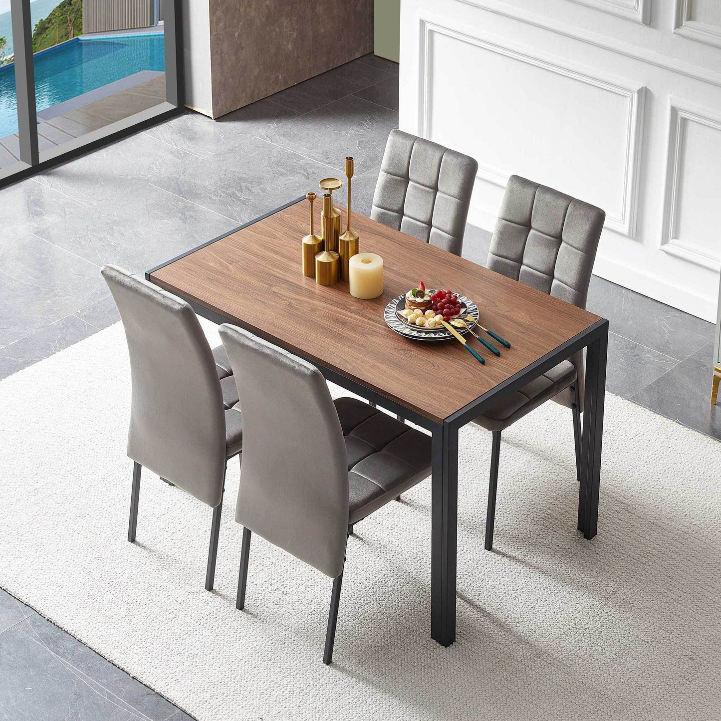 5-Piece Dining Set Including Grey Velvet High Back Nordic Dining Chair & Creative Design MDF Dining Table