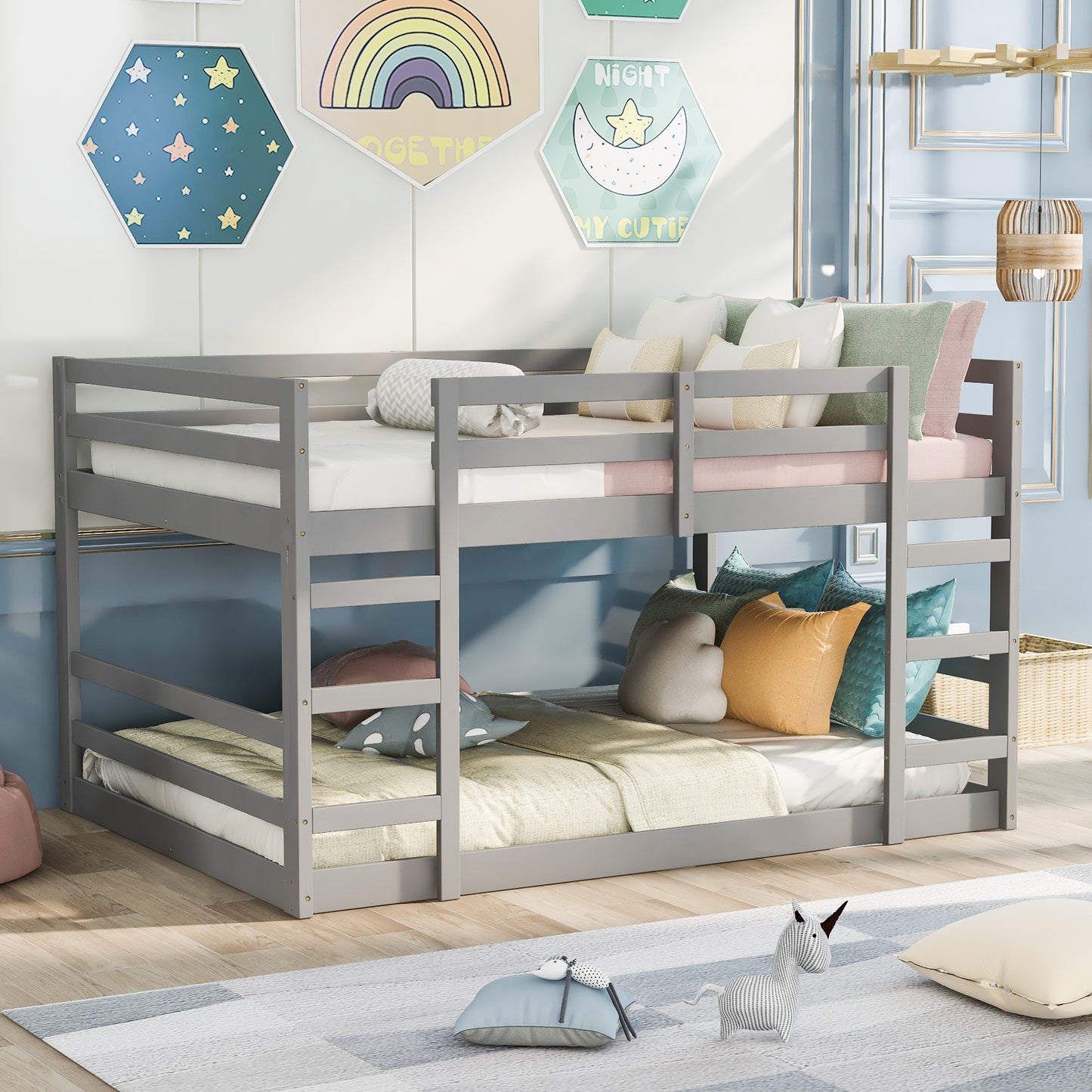 Gray Double Bunk Bed with Built-In Ladder