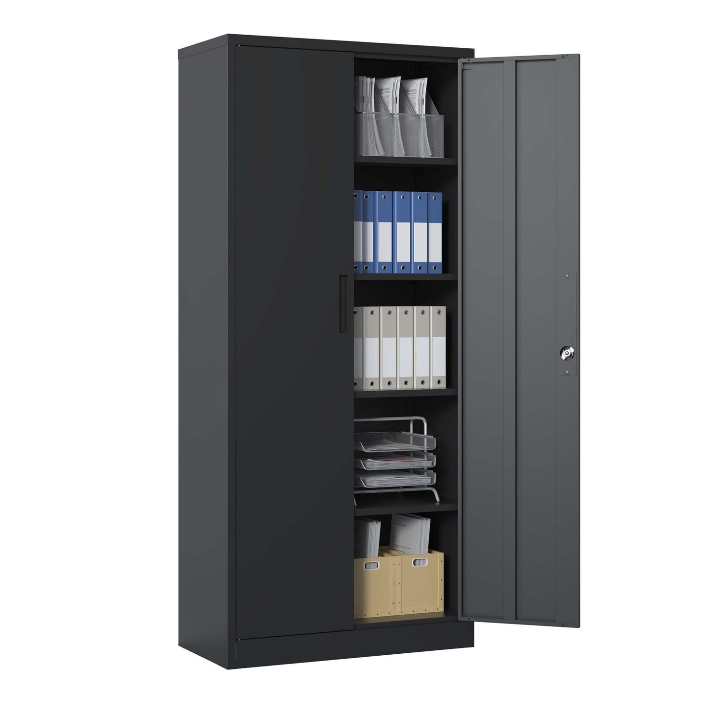 72H Metal Lockable Garage Storage Cabinet with 4 Shelves, Black Steel Cabinet for Home Office and Garage Organization