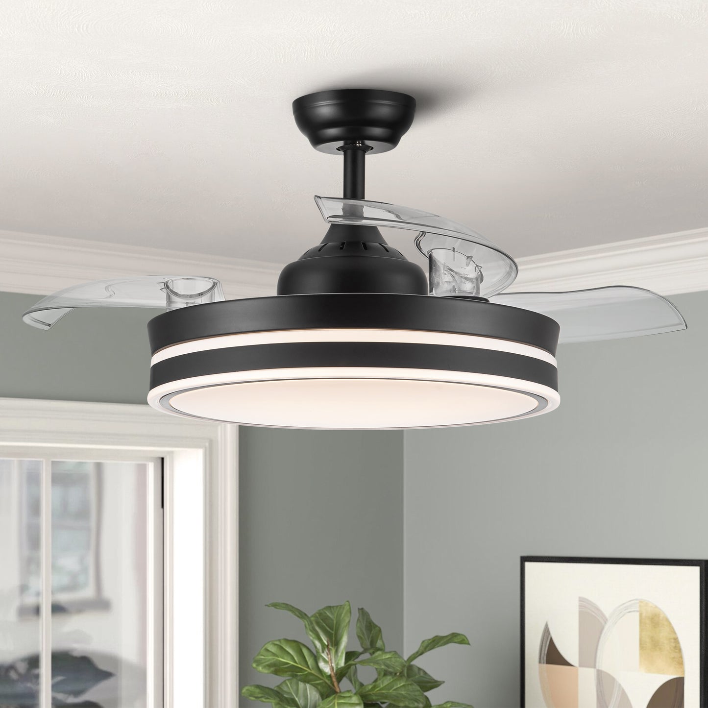 Modern Black Frame Ceiling Fan with Retractable Blades and Remote Control