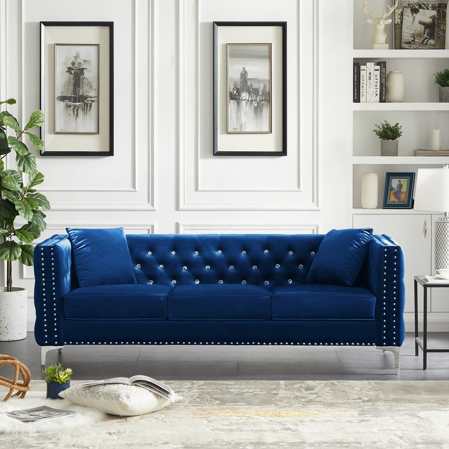 Blue Modern Velvet Sofa with Jeweled Buttons and Tufted Square Arms, 2 Pillows Included