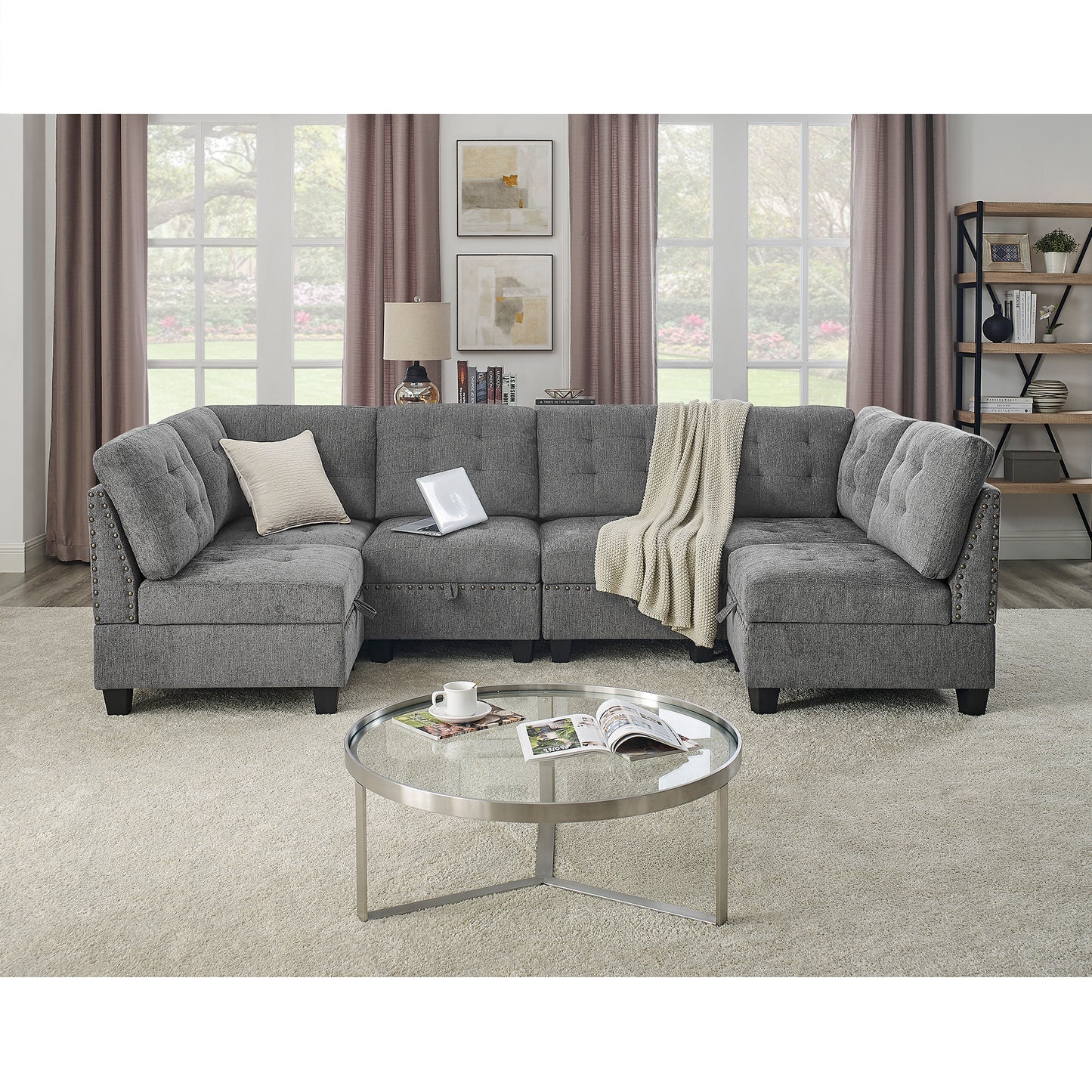 Modular Sectional Sofa Set with Moveable Pieces - Grey Chenille