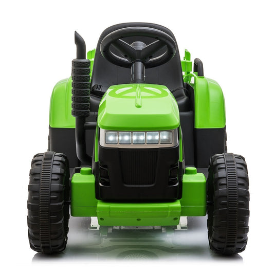 12V Kids Ride-On Tractor with Trailer and Music, Light Green Electric Car for 3-6 Year Olds