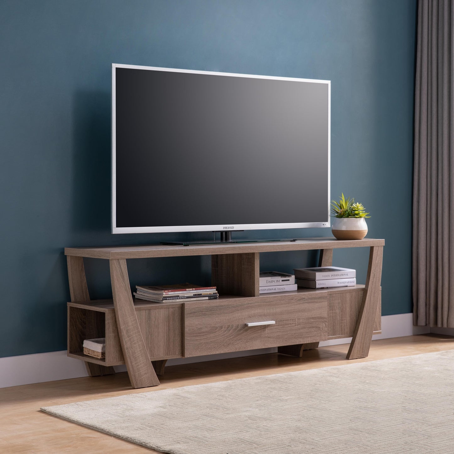 Dark Taupe TV Stand with Storage and Display Shelves from ID USA