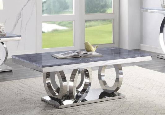 Zasir Modern Gray Marble Coffee Table with Mirrored Silver Finish