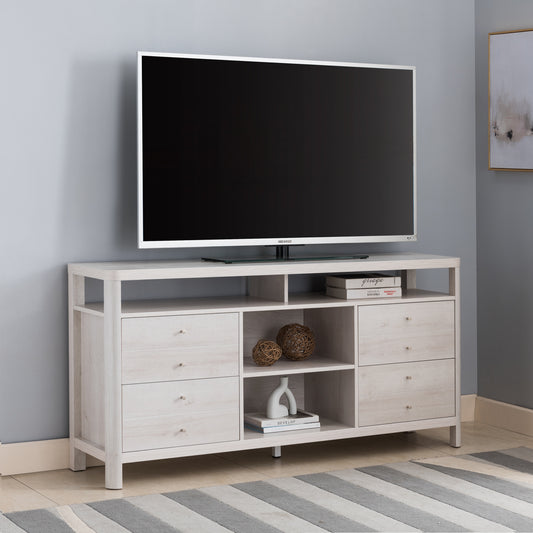 Contemporary White TV Console with Dual-Shelf Storage and Four Drawers