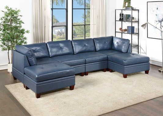 Luxurious Ink Blue Genuine Leather Modular 6pc Sectional Set