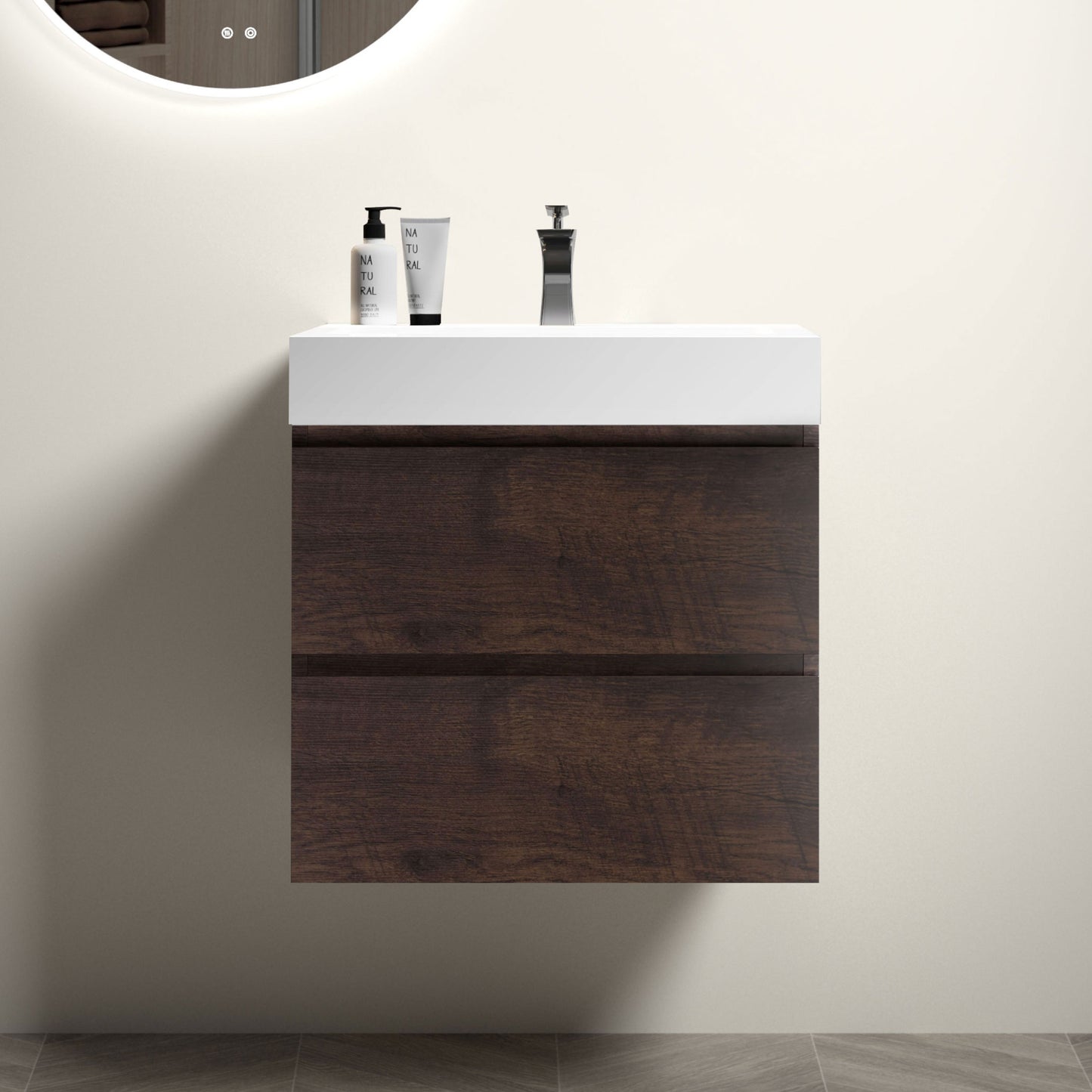 Alice 24" Walnut Bathroom Vanity with Sink, Large Storage Wall Mounted Floating Bathroom Vanity for Modern Bathroom, One-Piece White Sink Basin without Drain and Faucet