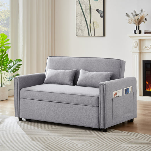 Modern Linen Convertible Loveseat Sleeper Sofa Couch with Adjustable Backrest, 2 Seater Sofa With Pull-Out Bed with 2 Lumbar Pillows For Small Living Room & Apartment